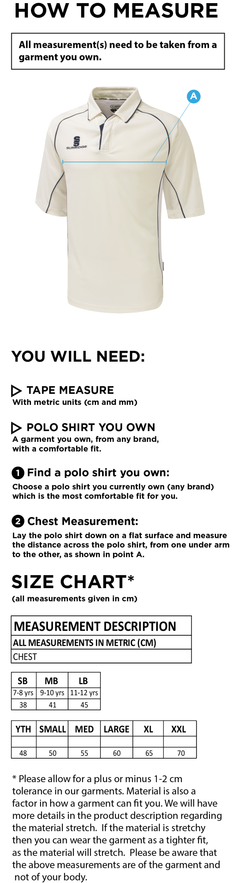 Sandy CC - Junior Premier 3/4 Sleeve Maroon Trim Shirt - Size Guide