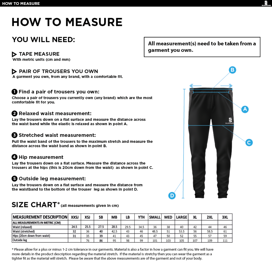 Sandy CC - Tek Slim Training Pants - Size Guide