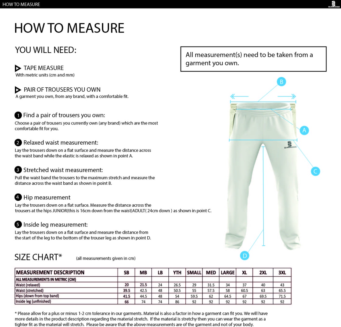 Sandy CC - Standard Playing Pant - Size Guide