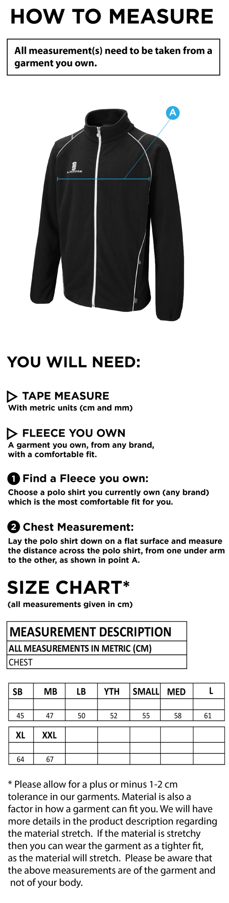 Sandy CC - Full Zip Fleece Jacket - Size Guide