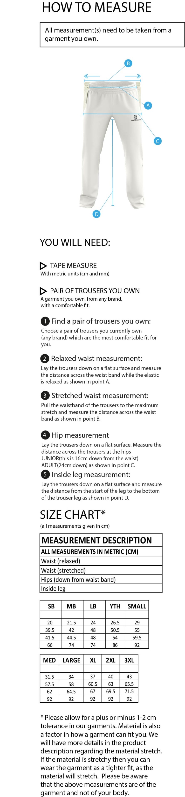 Sandy CC - Standard Playing Pant - Size Guide