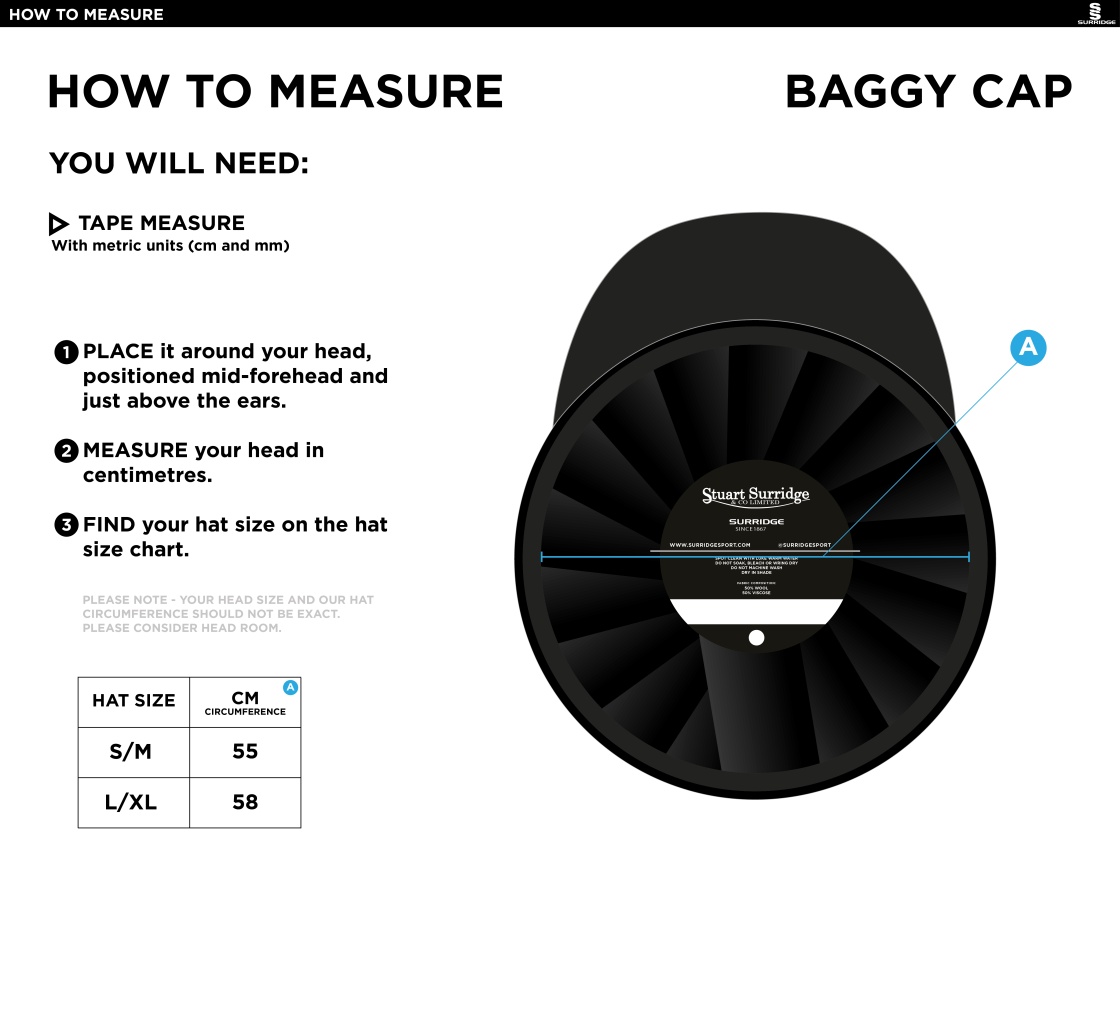 Sandy CC - Baggy Cricket Cap - Size Guide