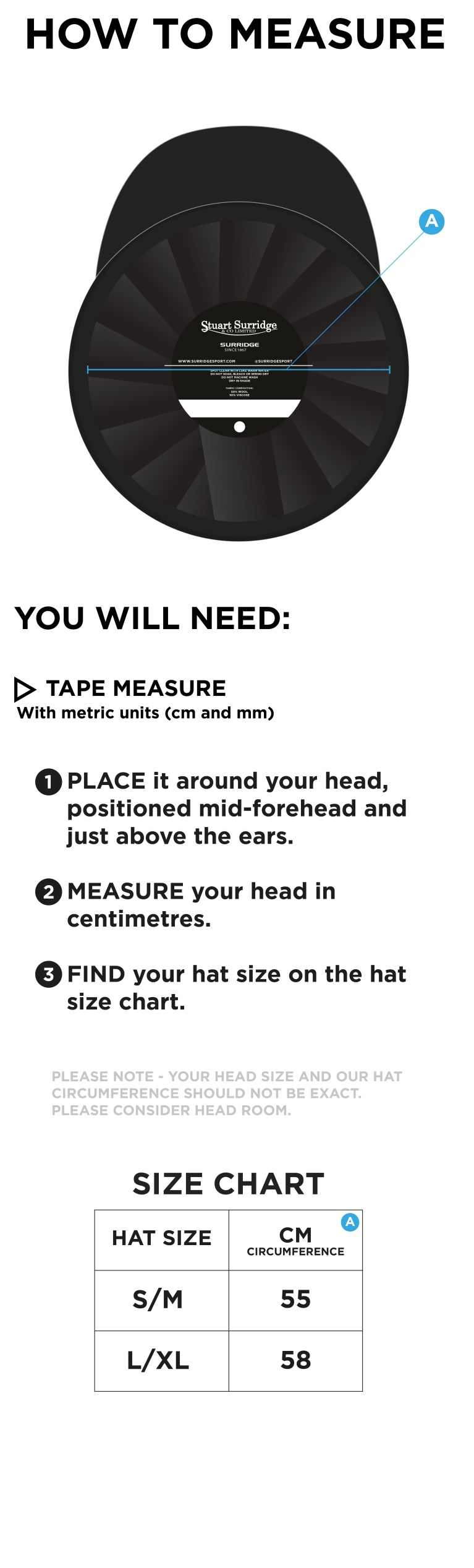 Sandy CC - Baggy Cricket Cap - Size Guide