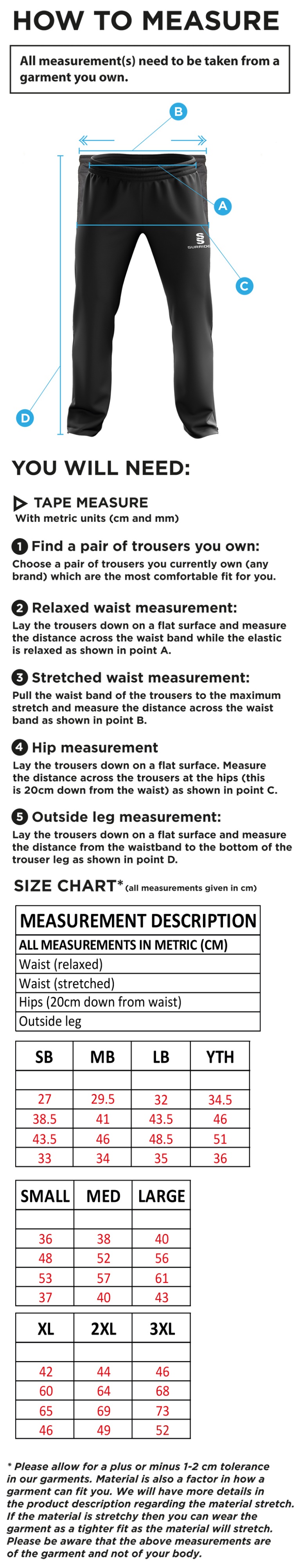 Sandy CC - Ripstop Track Pant - Size Guide