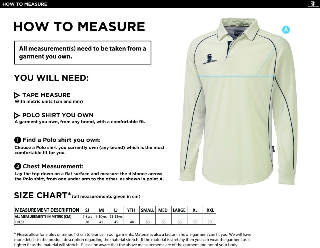 Sandy CC - Senior Premier Long Sleeve Maroon Trim Shirt - Size Guide
