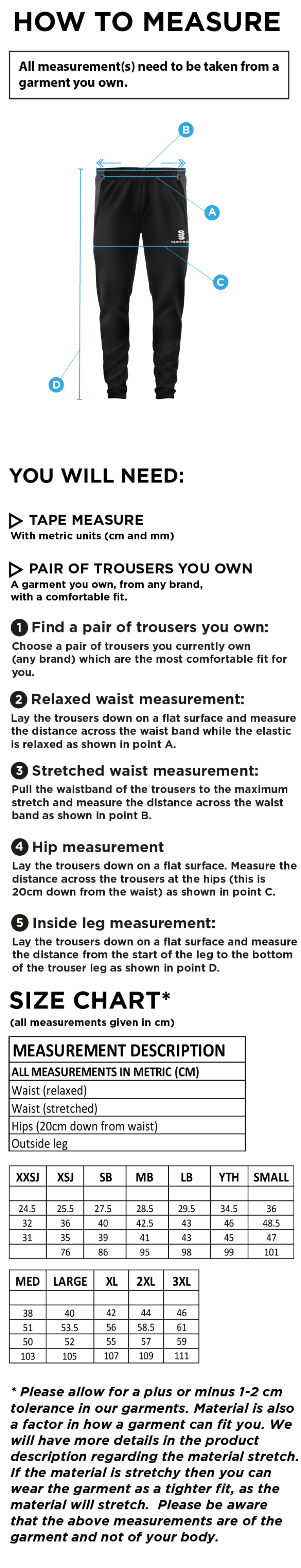 Sandy CC - Tek Slim Training Pants - Size Guide