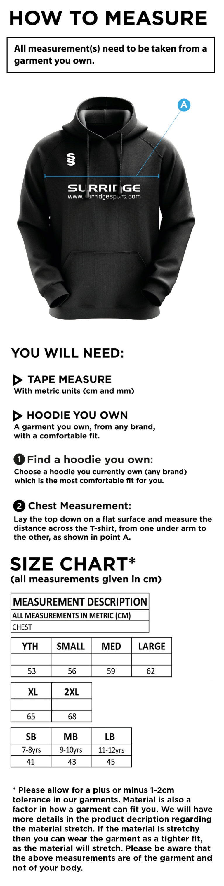 Sandy CC - Blade Hoody - Size Guide