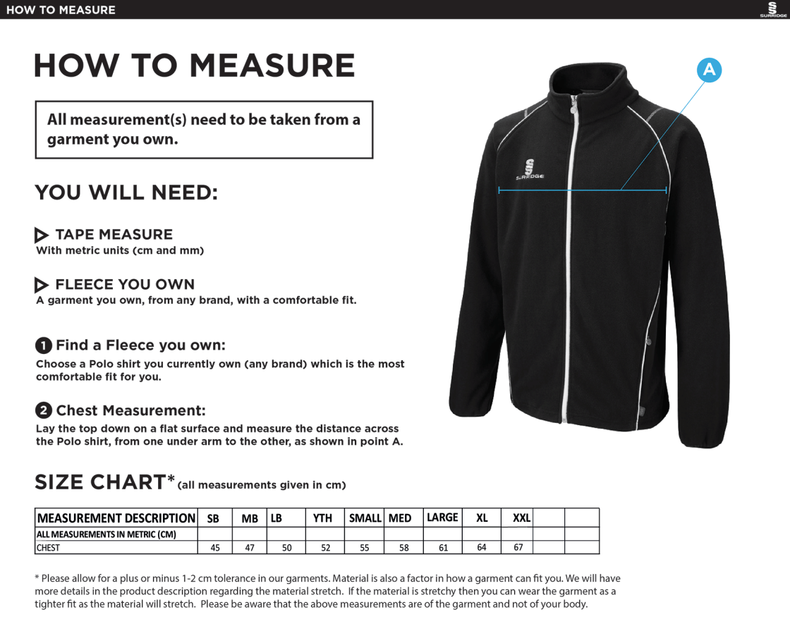 Sandy CC - Full Zip Fleece Jacket - Size Guide