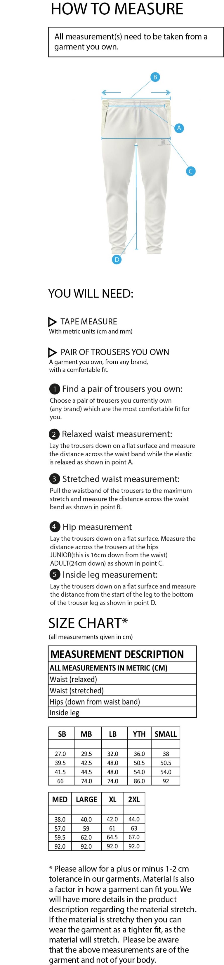 Sandy CC - Tek Playing Pant - Size Guide