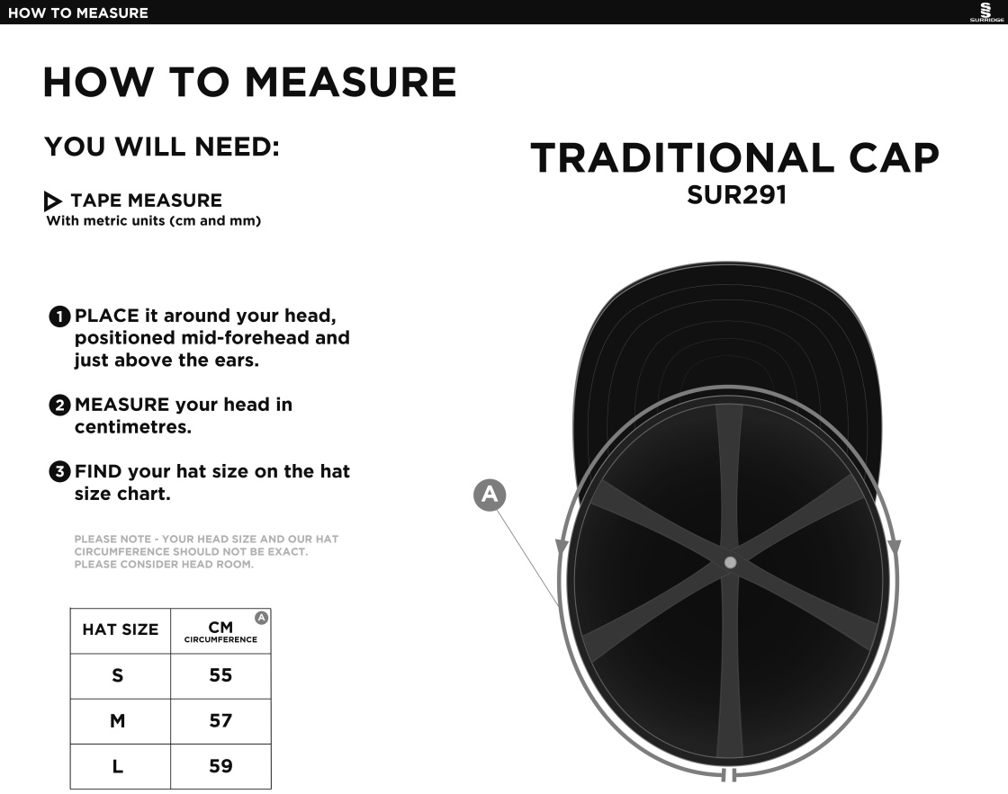 Sandy CC - Traditional English Playing Cap - Size Guide